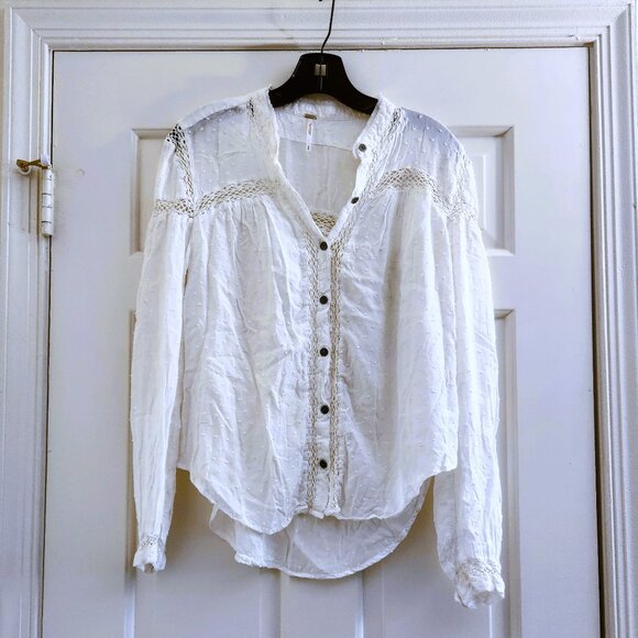Free People sz S Swiss Dot Everyday Every Girl Lace Top Button Down Blouse Rayon - Picture 4 of 16